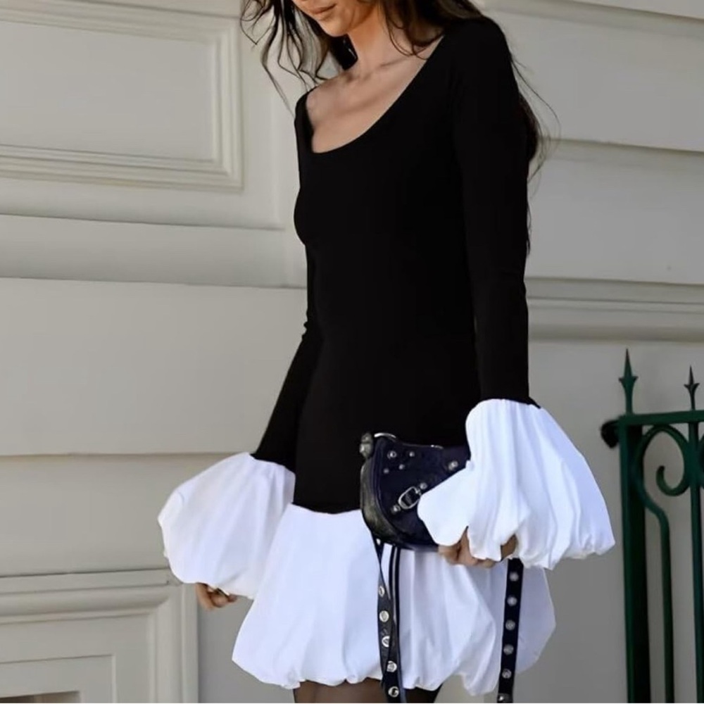 Drop waist puff sleeve and bubble trim dress